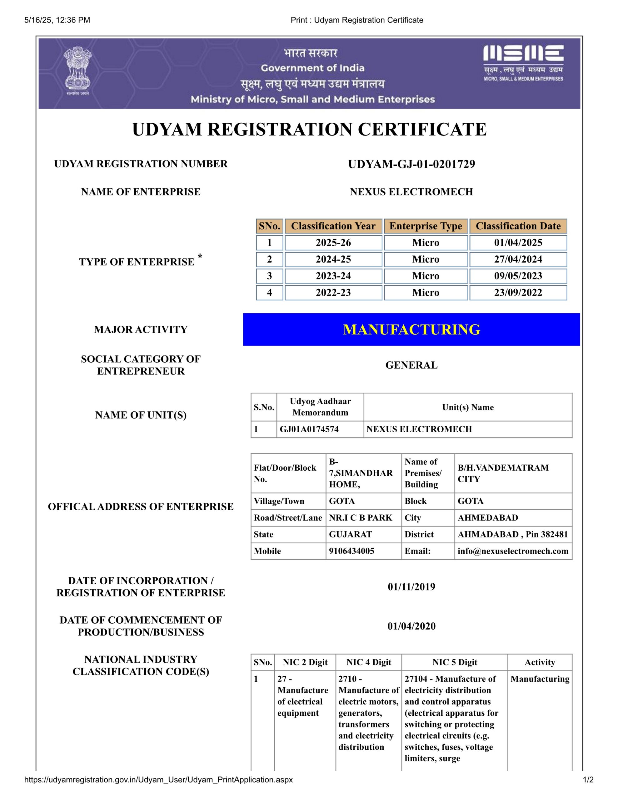 2025 New Udyam Registration Certificate